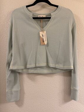 Light Sage Waffle-Knit Cropped Pullover Sweatshirt - New In